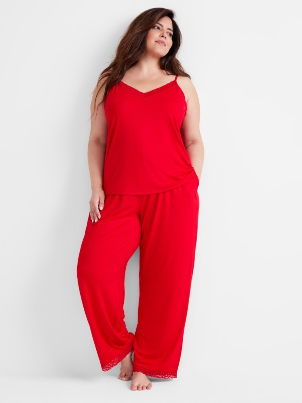 Women's Plus Cami & Wide-Leg Pajama Set Soft Knit Sleepwear with Lace Trim NWT
